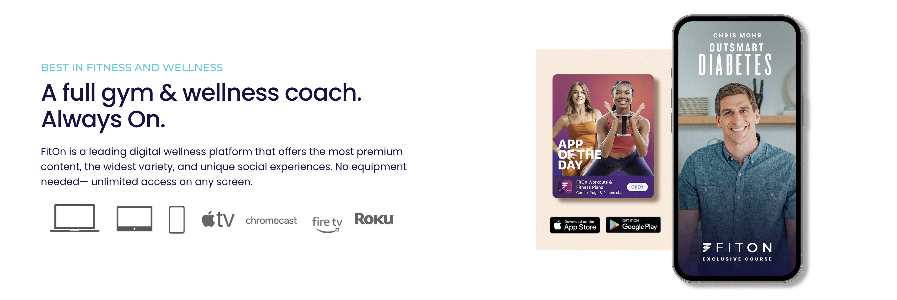 Screenshot of FitOn's homepage: "A full gym & wellness coach. Always on."