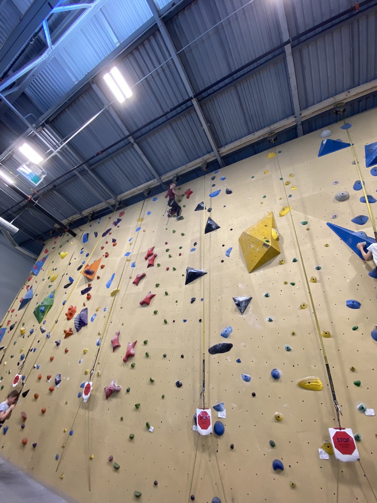 a girl is seen at the top of a climbing wall, about to self-belay downward.